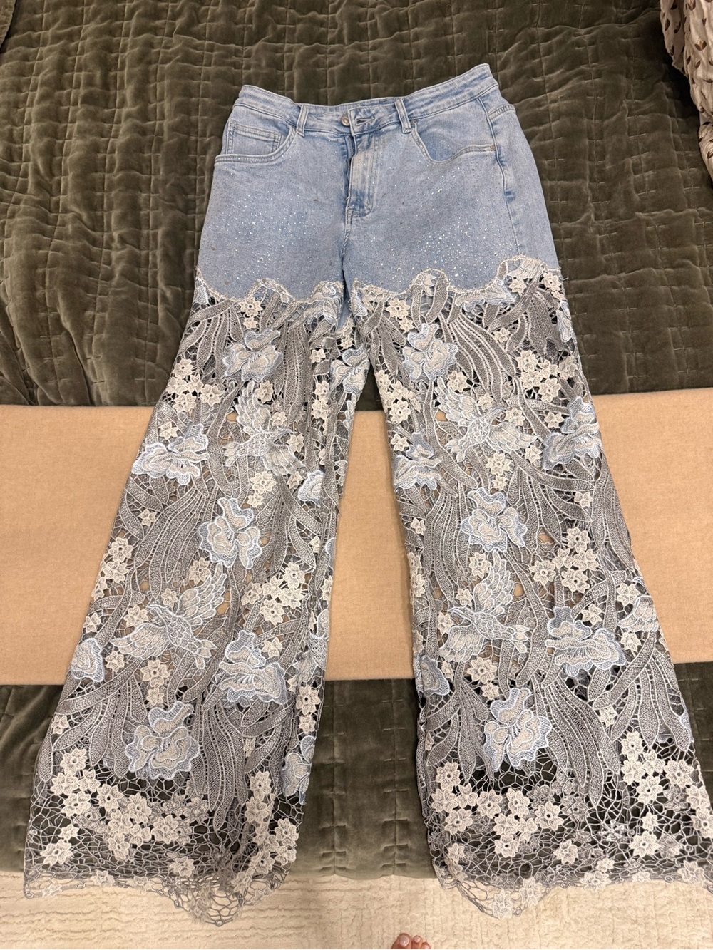 Bayeas Embroidery Wide Leg Lace Jeans With Rhinestone
